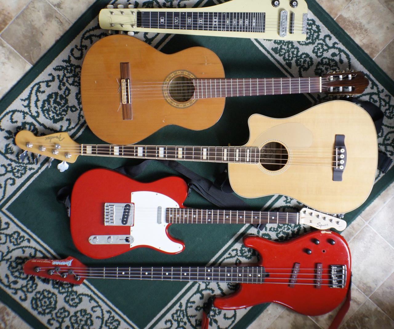 Guitars to practice: $5 yard sale lap steel, Fender Kingston bass, classical acoustic, Squier Telecaster, Ibanez bass